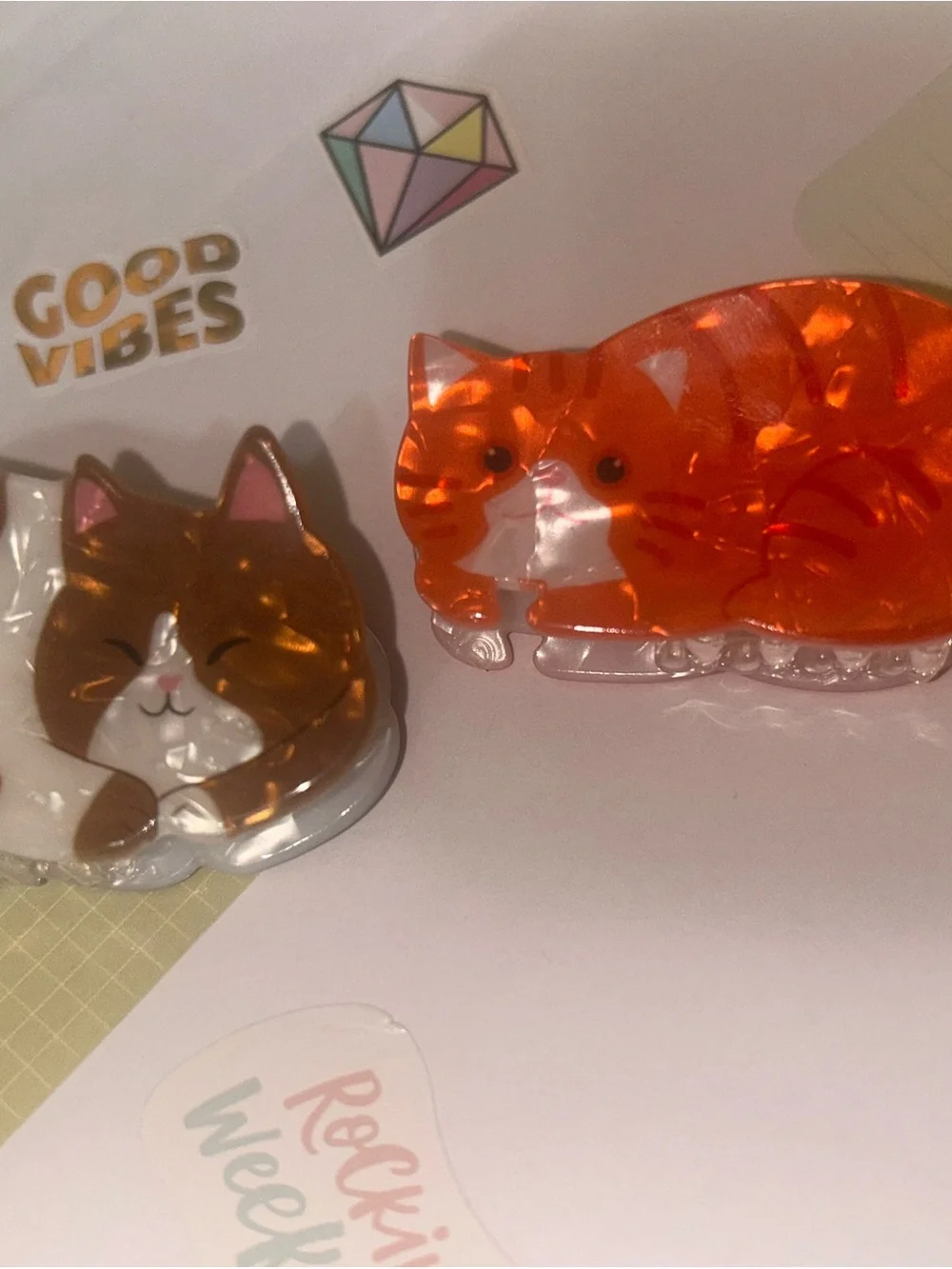 Pair of Sparkle Cat Resin Hair Clips  - Brown & Orange